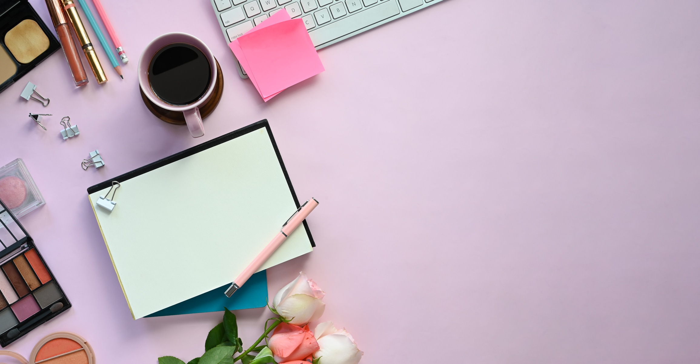 Feminine Office Desk Composition on Purple Background